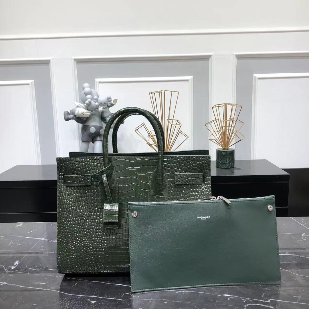 Saint Laurent Sac De Jour Crocodile Embossed Calfskin Handbag Shoulder Bag Army Green 378299 Silver